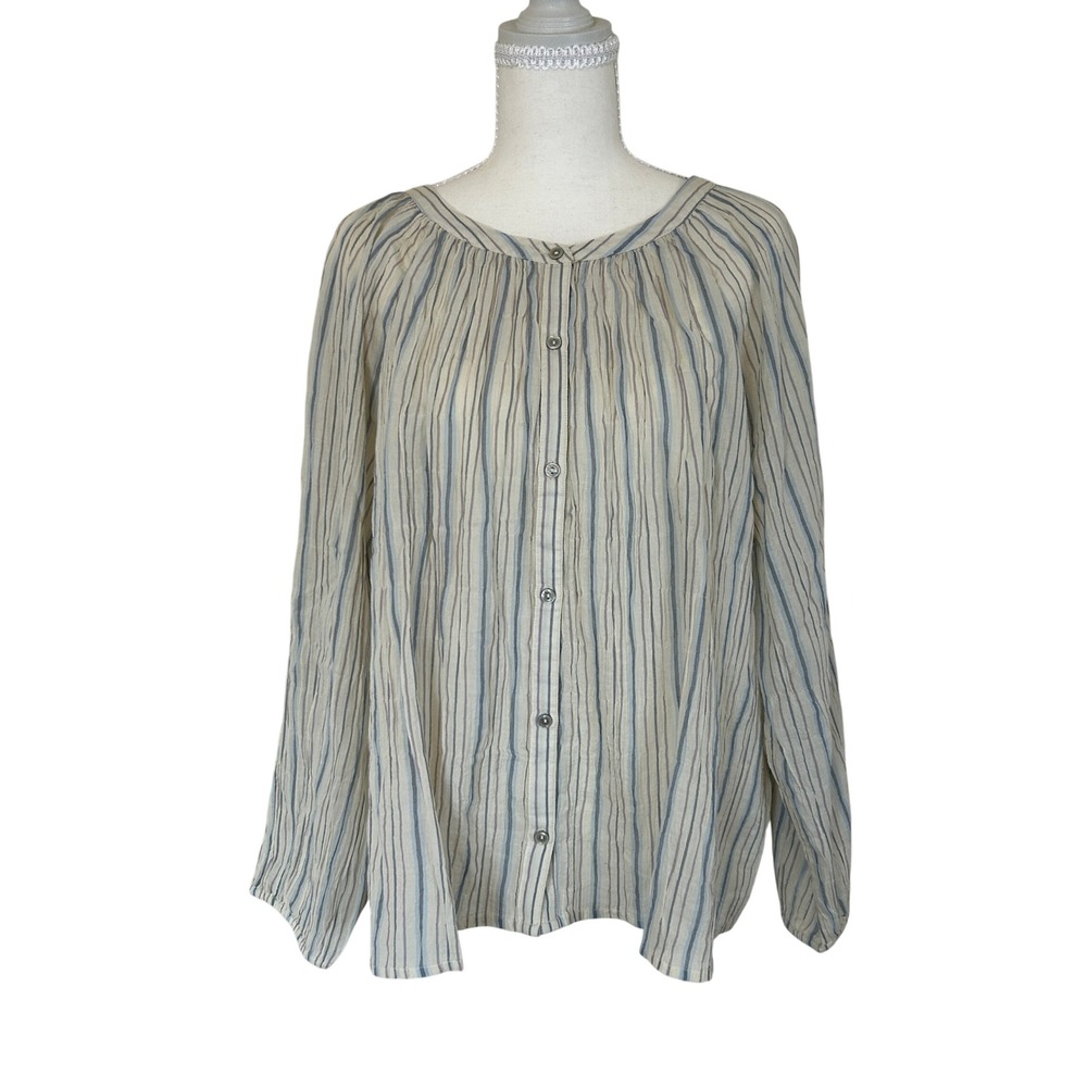 Lucky Brand Cotton Cream Striped Crinkle Gauze Button Down Top XL - Picture 2 of 10